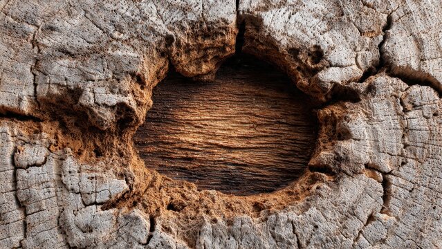 Close up of tree trunk cross section with hole.