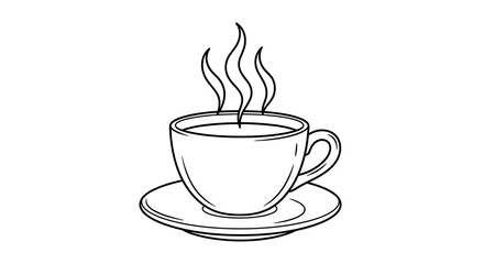 Obraz premium A simple line drawing of a steaming hot cup of coffee on a saucer isolated on white background