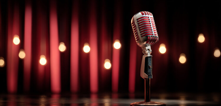 Vintage red and silver dynamic microphone with grille and stand on a stage with red curtains and warm bokeh lights