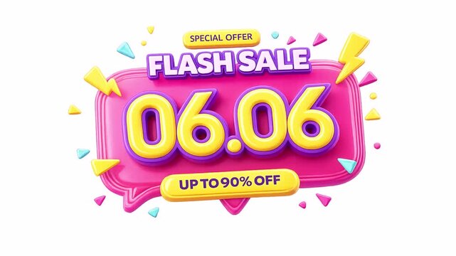 Animated video with the words "Special Offer 06.06 Flash Sale Up to 90% Off" for social media advertising campaigns and promotional banners, on a transparent or alpha background, 4K footage