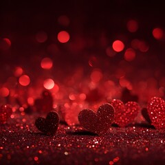 Romantic red glitter hearts background with shimmering bokeh lights. For Valentine's Day