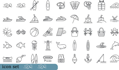 Print Comprehensive Summer Beach and Marine Life Line Icon Set Featuring Water Sports Nautical Equipment Coastal Landmarks and Aquatic Wildlife Symbols © Rahim
