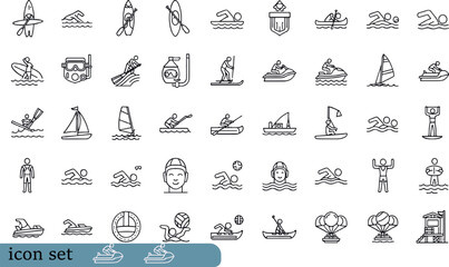 Obraz premium Print Massive Water Sports and Summer Activity Icon Set Featuring Swimming Surfing Kayaking Sailing Diving and Lifeguard Safety Symbols