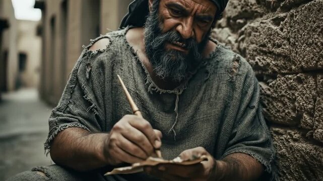 Focused ancient man in tattered clothes writing with a quill on parchment in a historic alley for wisdom concept, knowledge preservation, and storytelling