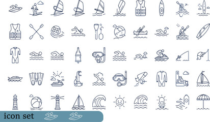 Print Comprehensive Nautical and Water Sports Line Icon Set Featuring Coastal Activities Marine Safety Equipment and Aquatic Recreation Symbols © Rahim