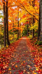 Obraz premium A serene forest path covered in a blanket of colorful autumn leaves