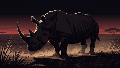 Fototapeta premium Rhino in Dramatic Twilight Savanna with Blood Orange Sky