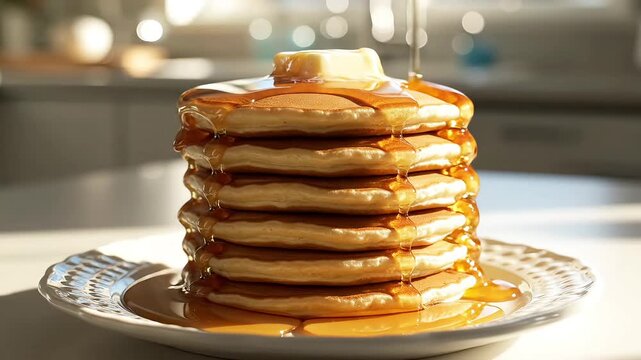 A stack of pancakes with syrup being poured on a plate in a kitchen environment, viewed from the side.