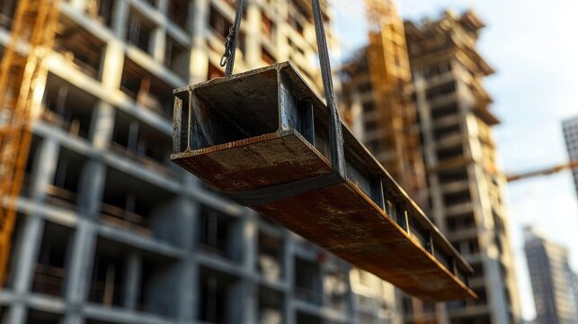 Industrial machinery crane lifting heavy beam at construction site architecture metal structure with steel equipment support safety work labor tool engineering