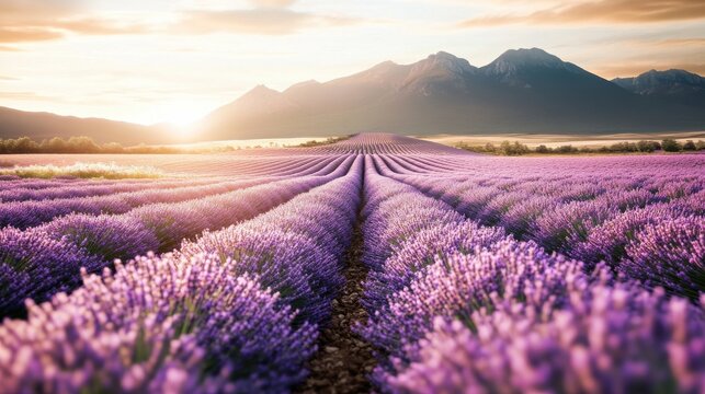 Wide panorama landscape at sunset, golden lavandula lavender field purple, scenic mountain countryside agriculture nature flora flower