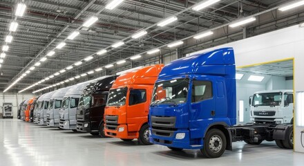 Naklejka premium Row of colorful trucks parked in modern warehouse