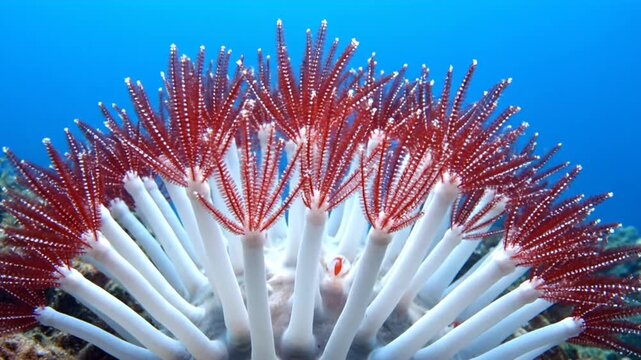 Underwater Sea Anemone Closeup with Vibrant Red Tentacles.