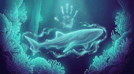 Surreal Whale Shark Gliding Underwater with Coral and Handprint
