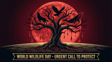 Crimson Full Moon Rising Behind Ancient Tree on World Wildlife Day