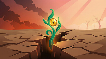 Mystical plant growth on cracked desert earth at sunset glow