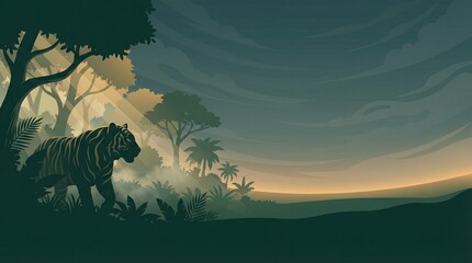 Majestic Tiger Emerging from Misty Jungle Landscape at Dawn