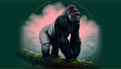 Mountain gorilla walking on mossy log in misty jungle dawn