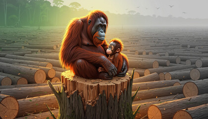 Orangutan Mother and Baby on Tree Stump in Deforested Landscape