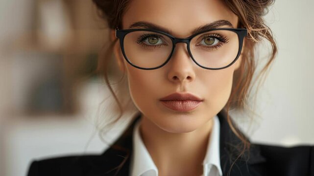 Smart and Confident: A portrait of a woman of business, dressed in a black suit and spectacles, her gaze exudes both intellect and self-assuredness.