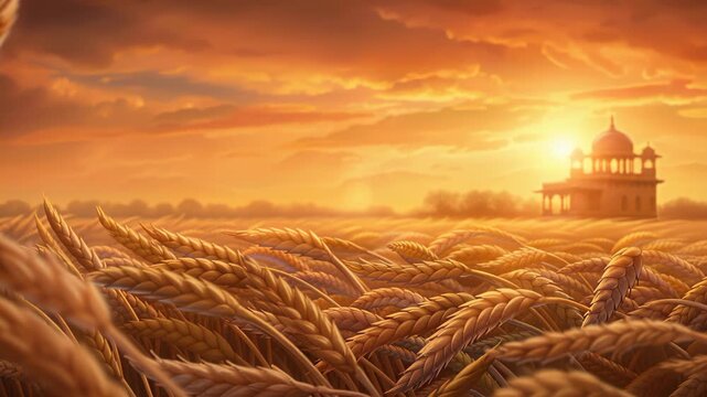 Golden Hour Glory: A historical building in a golden wheat field basks in the warm glow of the setting sun, evoking a sense of tranquility.