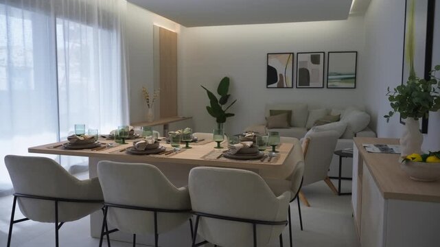 Modern and stylish open-plan dining and living room interior featuring  set wooden table, contemporary furniture, and elegant.Home staging,staged apartment, property preparation, house staging concept
