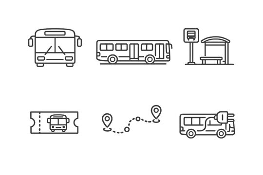 Bus transport line icon set with clean editable stroke. Public transit, bus stop and route symbols for mobility apps, travel platforms and web dashboards.