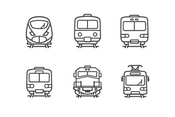 Train front view line icon set with clean editable stroke. Railway transport, metro and locomotive symbols for mobility apps and transit platforms. © VectorGomes