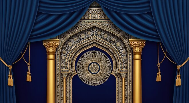 Elegant blue curtained entrance with intricate gold and silver designs on pillars