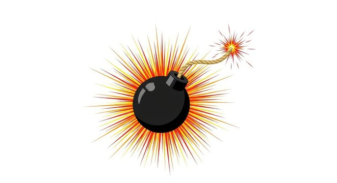 Explosive bomb with fiery debris and a long fuse in mid-air