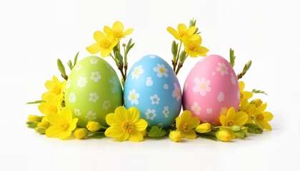 PNG. Happy Easter. Three colorful eggs and spring yellow flowers. isolate

