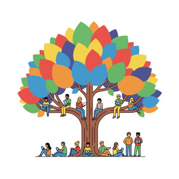 People gathered under a colorful abstract tree reading books and using tablets