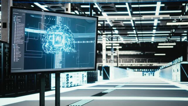 AI on data center monitor using neural networks to optimize server load balancing. Artificial intelligence model technology used on large display in server farm to improve efficiency