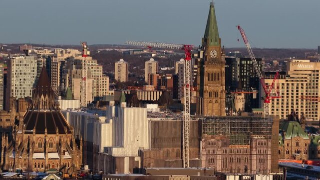 Aerial view of downtown Ottawa canada skyline over the river in the winter