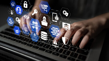 Cyber security icons show cyber attack defense, malware protection, and data security....