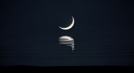 Obraz premium A serene nighttime scene with a crescent moon reflected in calm water