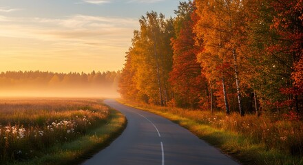 Winding road through autumn foliage, golden sunrise
