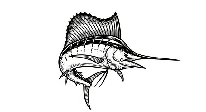 Sailfish blue marlin fish sketch engraving generative ai fictional character vector illustration. Scratch board imitation. Black and white image.