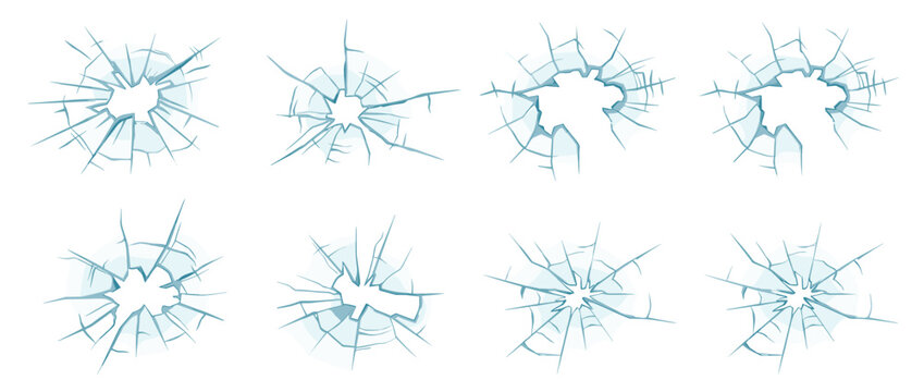Professional realistic broken glass and shattered window impact set with radial cracks and bullet holes for digital screen damage and accident concept
