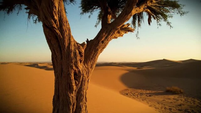 Cinematic lone tree standing in vast desert dunes at golden sunset, dramatic landscape in slow motion video concept of solitude, resilience and nature wilderness
