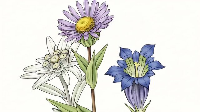 Vintage Botanical Illustration of Alpine Flowers Edelweiss Gentian and Aster.