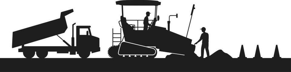 Silhouette of construction workers operating heavy machinery for road paving with a dump truck nearby © Daniel Rivera