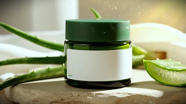 Natural aloe vera cream jar with fresh aloe leaf on stone tray in warm sunlight, organic skincare cosmetic product video concept of hydration wellness and botanical beauty
