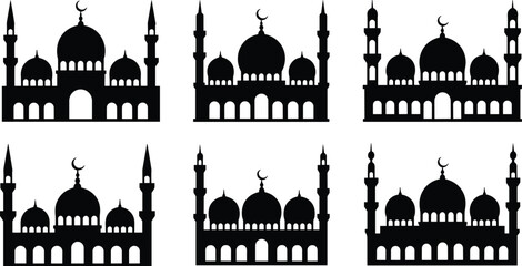 Six identical black silhouette of Islamic mosques with domes and minarets arranged in a grid architecture © Daniel Rivera