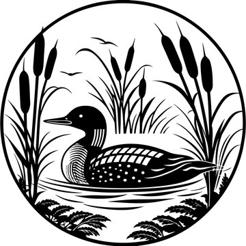 Circular emblem featuring a detailed black and white illustration of a loon floating on water amidst reeds and cattails, symbolizing peaceful wetlands and natural habitats