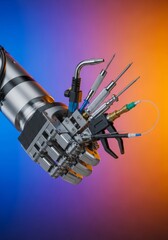 Fototapeta premium Close-up view of a precision industrial robot arm gripping various specialized tools for manufacturing and assembly operations, modern, machinery, metallic