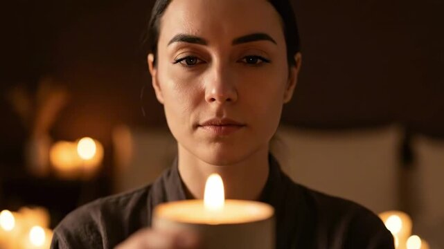 A woman faces the camera, cradling a lit candle as a warm glow renders her expression calm. In the room, multiple candles flicker softly, creating intimate, meditative ambiance...