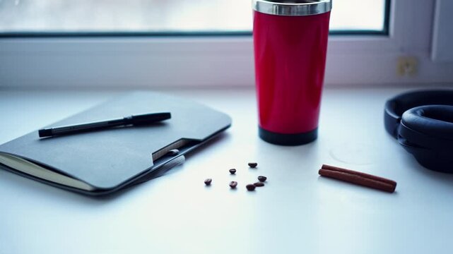 A red coffee cup sits on a wooden surface surrounded by coffee beans and spices