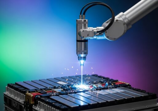 Precision robotic arm utilizing laser technology to weld complex connections on a modern electric vehicle battery module, industrial, robot, production line