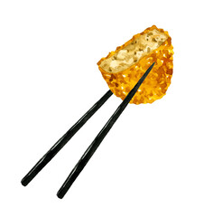 お箸で持ったコロッケ　料理・食べ物の手描き水彩イラスト素材