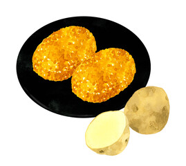 コロッケとじゃがいものセット　料理・食べ物の手描き水彩イラスト素材